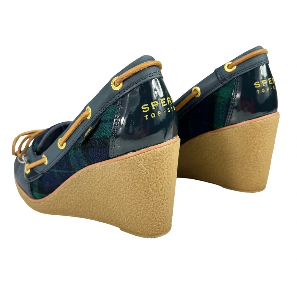 Sperry Top-Sider | Goldfish Navy & Green Plaid Wedge Heels Boat Shoes Women’s 6M
